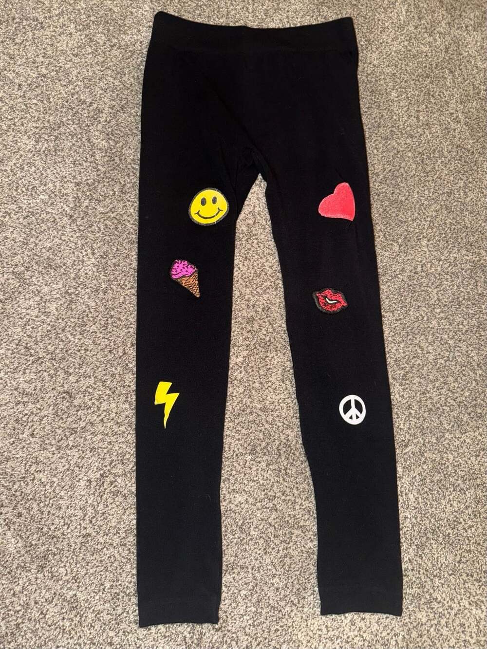 JUST-ONE Leggings Size L Black Patches Emoji Lips Ice Cream Heart